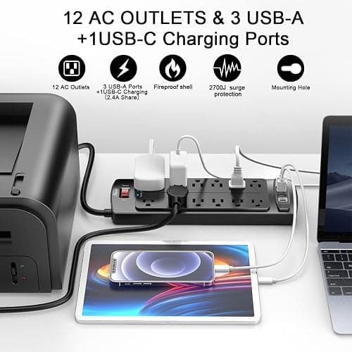 Power Strip, ALESTOR Surge Protector with 12 Outlets and 4 USB Ports, 6 Feet Extension Cord (1875W/15A), 2700 Joules, ETL Listed, Black thumbnail 2