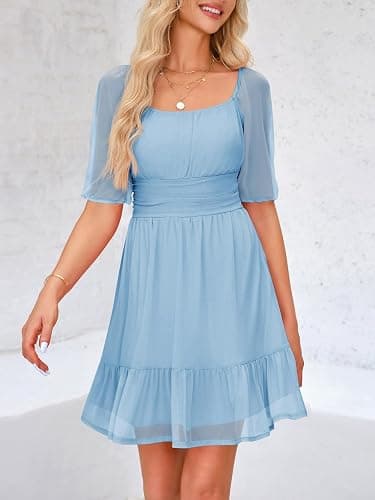Wenrine Womens Puff Short Sleeve Mini Dress Mesh Square Neck High Waist Ruffle Hem Flowy Party A Line Dress thumbnail 4