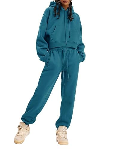 Kissonic Women's Fleece Jogger Sets 2 Pieces Sweatsuits Outfits Crop Top Hoodies Jogger Pants thumbnail 2