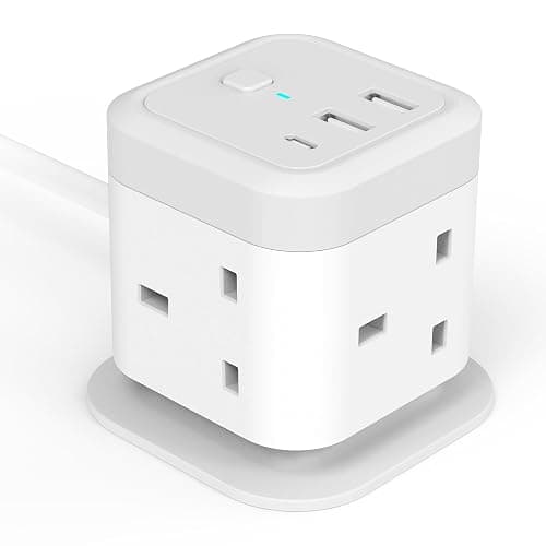 Tower Extension Lead with USB Slots 4 Way Cube Multi Plug with 1.5M Cable | 2 USB A and 1 USB C Ports, UK Power Strip with Switch Surge Protected Extension Socket Cord for Home Kitchen Office - Image 1