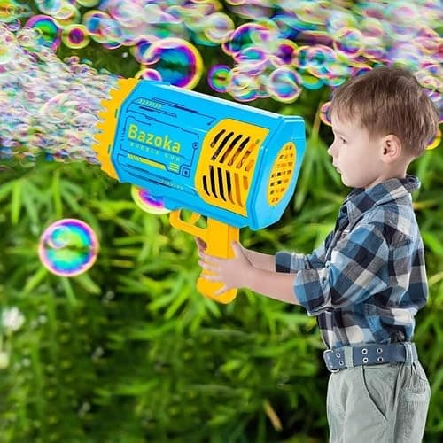 Bubble Gun Bazooka Machine with Solution - 69 Holes Blaster for Outdoor Summer Toy, Party Favors - Blue Easter Bubble Maker Blowers for Kids thumbnail 8