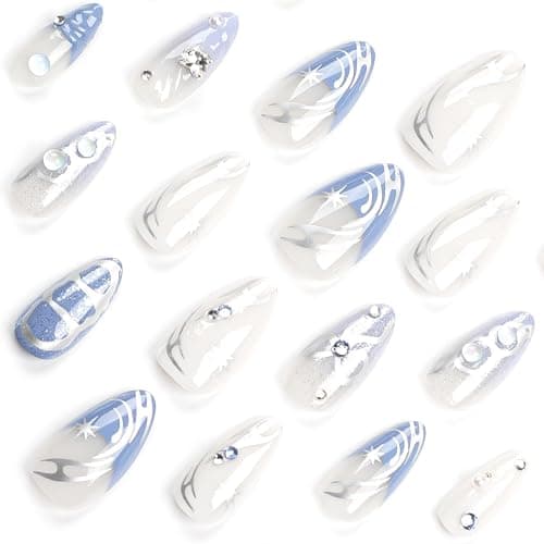 Blue Press on Nails Medium Almond Fake Nails Press ons with Designs Rhinestone Bow False Nails Glossy Full Cover Stick on Nails Charms Cute Acrylic Glue on Nails for Women Manicure 24Pcs thumbnail 5
