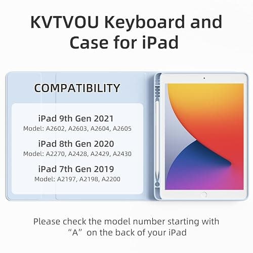 KVTVOU Case With Keyboard for iPad 9th / 8th / 7th Generation 2021/2020/2019 10.2 Inch, Soft TPU Case with Pencil Holder, Magnetic Detachable Bluetooth English Keyboard for iPad 9/8/7, White Ice thumbnail 2