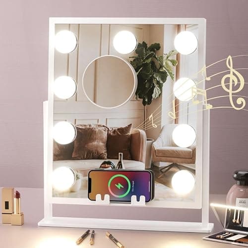 Fancii Vanity Mirror with Lights, BT Speaker, Wireless Charging - Detachable 10X Magnifying Mirror, 9 Hollywood Bulbs, LED Lighted Makeup Mirror with Phone Stand, 3 Color Modes, Adjustable Tilt - Image 1