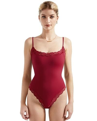 SUUKSESS Women Square Neck Lace Bodysuit Sleeveless Spaghetti Strap Tank Top - Image 1