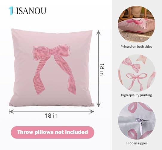 ISANOU Coquette Room Decor,Pink Cute Bow Throw Pillow Covers 18x18 Set of 4,Gifts for Teen Girls Women,Pink Decorative Pillowcase for Sofa Couch Bedroom Chair Home thumbnail 3