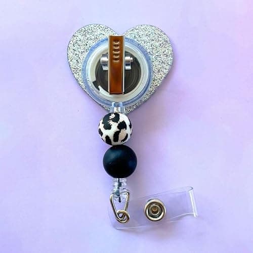 Cheetah Leopard Heart Badge Reel Holder ID Name Retractable Clip Lanyard with Cute Beaded Print Zebra Zoo Keeper Glitter Bling for Nurse Nurses CNA CMA Nursing Healthcare Silver Supplies thumbnail 5
