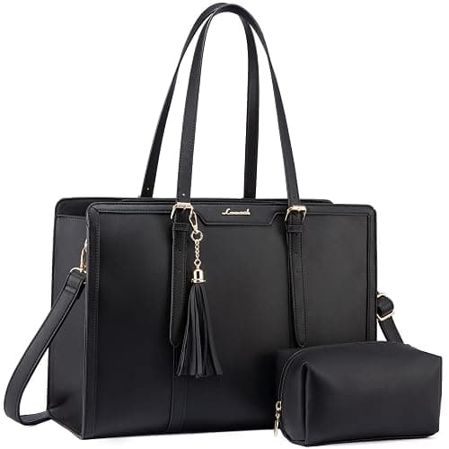 LOVEVOOK Laptop Bag for Women 15.6 inch Lightweight PU Laptop Tote Bag, Large Capacity Computer bag with Clutch Purse for Business, Work, Office, Travel, School,Casual(Black & Leather) - Image 1