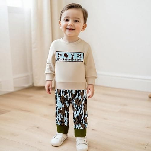 Vicaankue Toddler Baby Boy Hunting Outfit Duck Deer Embroidery Long Sleeve Sweatshirt Camo Pants Set 2Pcs Fall Winter Clothes thumbnail 3