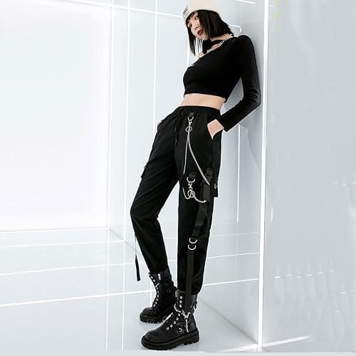 MEINVQIAOTI Black Cargo Pants for Women Techwear Women Loose Street Rock Style Casual Black Pants with Chain Goth Pants thumbnail 8