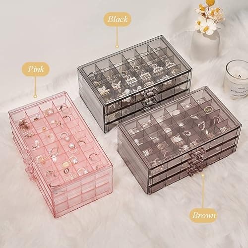 YUFONG Earring Storage Box Organizer 3 Drawers Acrylic Jewelry Storage Box Holder Transparent Jewelry Display Stand with 72 Small Compartments Gift for Women Girls (Clear Pink) thumbnail 7