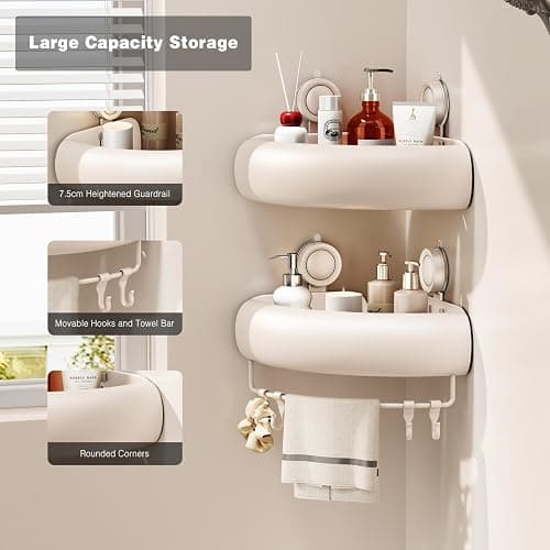 Voldra Corner Shower Caddy Suction Cup, Arc Shower Shelf Coner No Drilling Bathroom Coner Shelves Suction Shower Organiser Rack Adhesive Corner Caddy with Towel Bar Wall Mounted(2-Pack, White) thumbnail 3