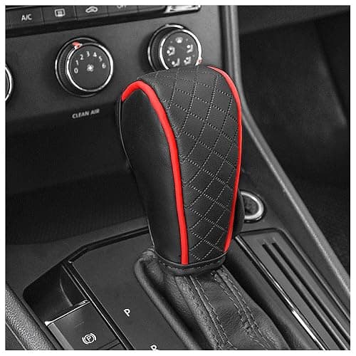 Leather Gear Shift Cover Diamond Embroidery Design,Durable Shift Knob Cover for Shift Lever Protection,Universal Car Gear Shift Cover Car Decorative Accessory Suitable for Cars,Trucks,SUVs (Black/Red) - Image 1