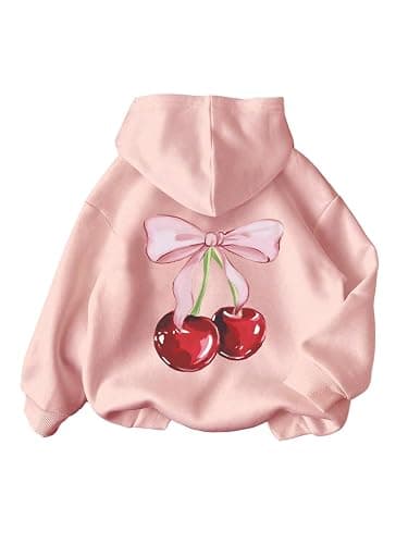 QJQ Girls Cherry Print Graphic Hoodie Cute Thermal Long Sleeve Hooded Sweatshirt Drop Shoulder Pullover Tops Ages 8-12 - Image 1