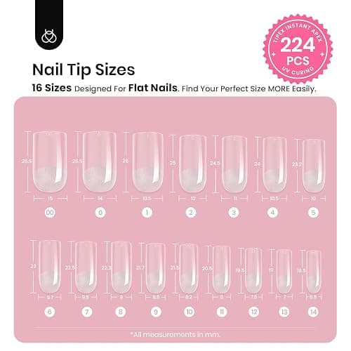 Beetles Tipex Nail Kit, Square Medium Nail Tips 224 Pcs 16 Sizes Pre-Etched Fake Nails with Tipex Nail Glue Mini Nail Lamp - Thick Acrylic Nail Set Pre-Builder Gel Press-on Nails thumbnail 3