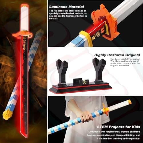 Jorumo Sword Building Set, 27in Rengoku Kyoujurou Sword with Scabbard and Stand, Cosplay Anime Toy Block for Collecting 790 Pieces, Luminous thumbnail 4