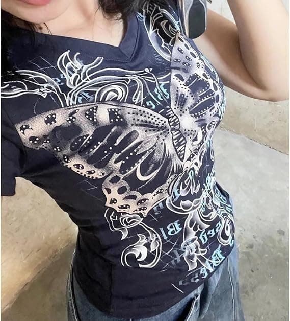 Women Y2k Emo Grunge Shirts 21st Century, Vintage Graphic Baby Tees Short Sleeve Punk Gothic T Shirt Tops Teens Alterwear Going Out Shirt Streetwear Summer thumbnail 4