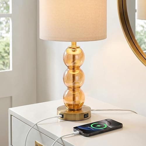 Oneach 25" Amber Glass Table Lamps for Living Room, Glass Modern Table Lamp Set of 2, USB Charging Ports, Linen Shade, Bedside Lamps for Bedroom, Nightstand, Side Table (Bulbs not Included) thumbnail 5