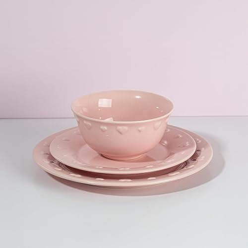 Paris Hilton 12-Piece Dinnerware Set, Embossed Hearts. Iconic Ceramic Stoneware Service for 4 with Dinner Plates, Salad Plates, and Bowls, Microwave & Dishwasher Safe, Pink thumbnail 2