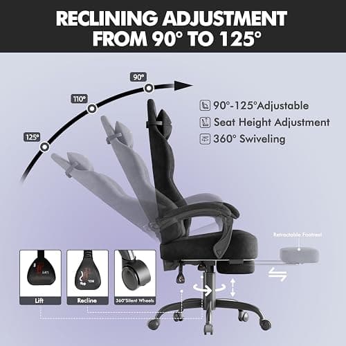 Soontrans Black Velvet Fabric Gaming Chairs with Footrest, Ergonomic Comfortable Video Gamer Chair, Reclining Office Computer Desk Game Chairs with Massage Lumbar Cushion,Headrest for Adult thumbnail 5