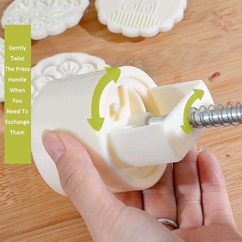 Moon Cake Mold 6 PCS, Mid Autumn Festival DIY Hand Press Cookie Stamps Pastry Tool Moon Cake Maker, Flower Mode Patterns 1 Mold 6 Stamps 50g (White). thumbnail 4