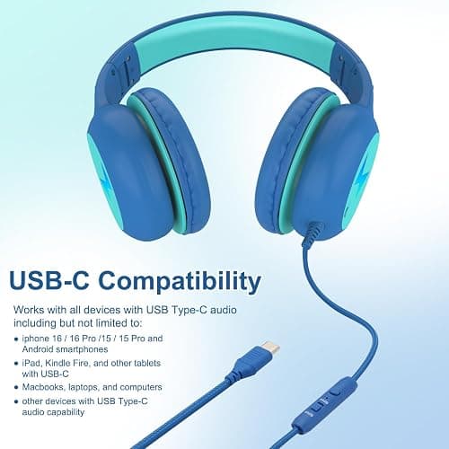 Voopwink Kids Headphones Wired with Microphone, USB Type C Headphones for Kids Girls Boys with Cord/LED Lights/85/94dB Volume Limit, Portable Over Ear Headphones for School/Travel/Tablet/iPad thumbnail 7