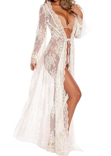 BUTTZO Women Sexy Long Lace Dress Sheer Gown See Through Lingerie Kimono Robe Swimsuit Cover Up - Image 1