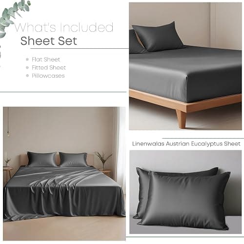 Linenwalas Eucalyptus Tencel Bed Sheet Set Queen Size 4Pc - Lyocell Silk 16" Deep Pocket Sheets - Soft Breathable & Cooling Sheets Set for Hot Sleepers (Queen, Charcoal Gray) thumbnail 3