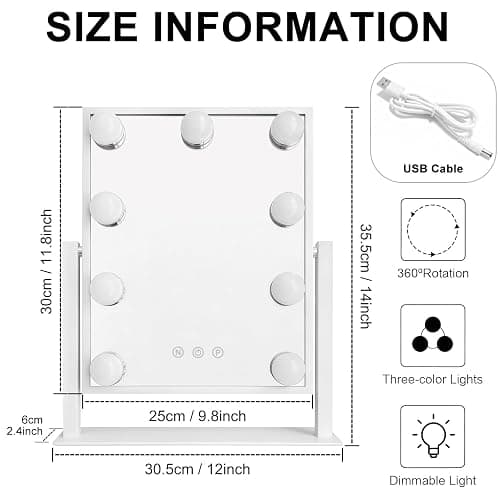 Hibtn Hollywood Vanity Mirror With Lights,Makeup Mirror With 9 Dimmable Led Bulbs With 3 Color,Touchscreen Control, Dressing Tabletop USB Charging thumbnail 2