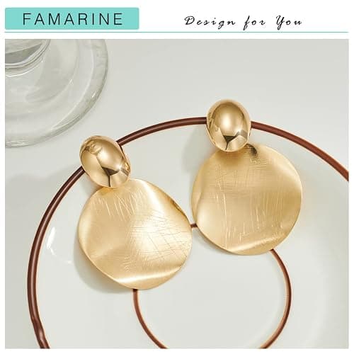 FAMARINE Big Disc Drop Earrings Gold Dangle Earrings Round Hammered Earrings Women thumbnail 6