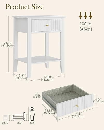 Apetaccat Fluted Nightstand, Farmhouse Night Stand with 1 Drawers, Mid Century Modern Side Accent Table,Bedside End Table for Bedroom, Living Room, White thumbnail 2