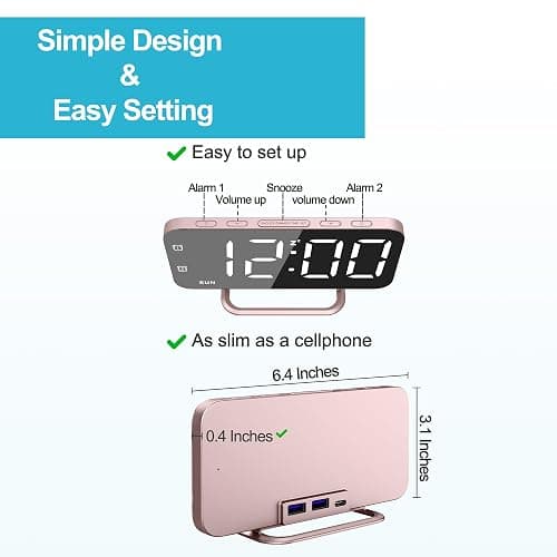 Slim LED Digital Alarm Clock, Mirror Surface for Makeup, with Diming, Large Display, Easy Setting, USB Ports, Modern Decor for Bedroom, Desk, Christmas, Birthday Idea Gift for Women, Sister, Mom, Pink thumbnail 2
