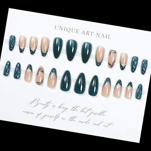 LPOODDNU Christmas Press on Nails Almond - Green French Tip Medium Fake Nails with Snowflake Designs, Glossy Finished Reusable False Nails with Adhesive Glue Tabs - 24Pcs Nail Kit for Women Manicure thumbnail 3