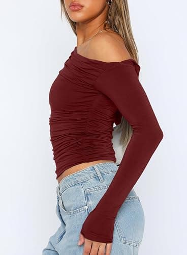 Darong Women's Casual Long Sleeve Boat Neck Off Shoulder Slim Fit Crop Top Going Out Blouses Y2K Tight Shirts thumbnail 3