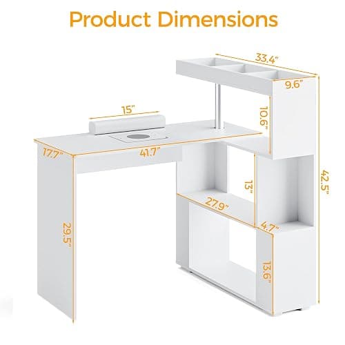HolaiNail Manicure Table, L-Shaped Nail Tech Desk with Dust Collector, Reversible Rotating Table & Storage Shelf, Acetone Resistant Beauty Salon Station, White thumbnail 3