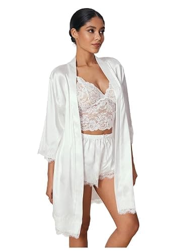 WDIRARA Women' Silk Satin Pajamas Set 4pcs Lingerie Floral Lace Cami Sleepwear with Robe thumbnail 3