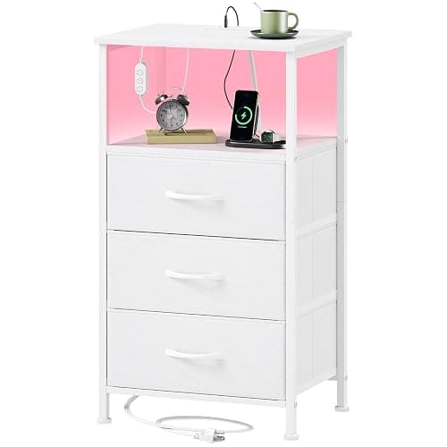 Somdot Tall Nightstand with 3 Drawers, Charging Station & LED Light | Fabric-Bin Dresser for Bedroom, Bedside, Kids Room, Dorm, Closet, Laundry and Entryway, White - Image 1