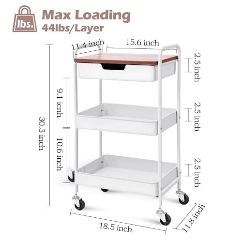 TOOLF 3 Tier Rolling Cart with Drawer, Metal Utility Storage Cart, White | Wooden Tabletop, Lockable Metal Wheels, Trolley Organizer for Bathroom, Kitchen, Office, Nursery, Dorm, Laundry, Craft Room thumbnail 3