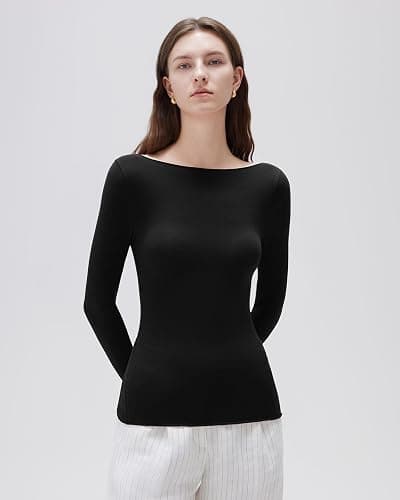 SUUKSESS Cloud Cashmere Women Boat Neck Fitted Long Sleeve Shirt Basic Knit Tops thumbnail 2