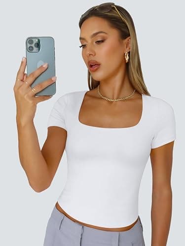 Trendy Queen Womens Double Lined Short Sleeve Square Neck Crop Top for Summer Going Out thumbnail 2