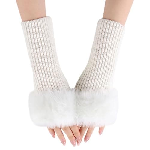 Lcaiualu Winter Women Fingerless Gloves Knitted Arm Warmers Hand Mittens ThumbHole Faux Fur Wrist Short Cuff for Women - Image 1