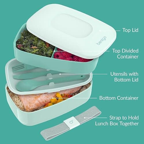 Bentgo Classic - Adult Bento Box, Stackable 3-Compartment Lunch Box with Removable Utensil Set and Sealing Strap, BPA-Free, Food Container Ideal for Meal Prep, Work, and On the Go (Coastal Aqua) thumbnail 6