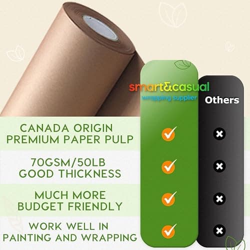 SMART&CASUAL Brown Wrapping Paper Roll 17.8"×1,200"(100') Kraft Paper for Craft Gift Bulletin Board Banner Bouquet Flower Table Covering Packing Shipping Moving 70GSM 50LB(Brown, 17.8" x 1,200") thumbnail 3