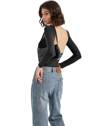 SUUKSESS Women Backless Going Out Tops Double Lined Open Back Basic Long Sleeve thumbnail 6