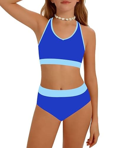 Girls Swimsuit Color-Block High Waist Sporty Sets Girls Two Piece Bathing Suit with Chest Pad Swimwear 7-16T - Image 1