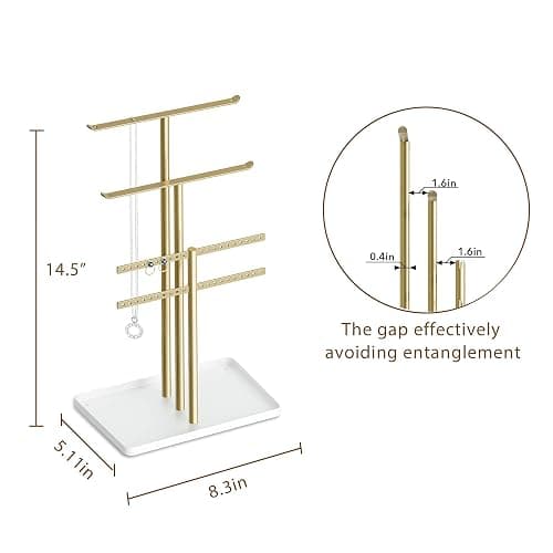 Jewelry Stand Organizer, 37CM Tall Sturdy Metal, 3-Tier Jewelry Holder for Necklace, Earring, Bracelet, Ring, Hanger for Display and Storage, Aesthetic Room Decor, Gold Jewlery Stand with White Tray thumbnail 3