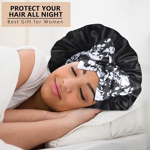 2pcs Large Silky Bonnets with tie Band Braid Bonnet, Satin Bonnet for Sleeping Curly Hair, A thumbnail 6