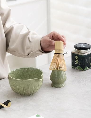 TANG PIN Matcha Set - Match Bowl with Spout and Whisk, 15 OZ, Matcha Scoop | Matcha Whisk Stand (Chasen Holder) - 4pc Perfect Matcha Kit for Matcha Tea Ceremony (Mottled Green) - Mottled Green thumbnail 7