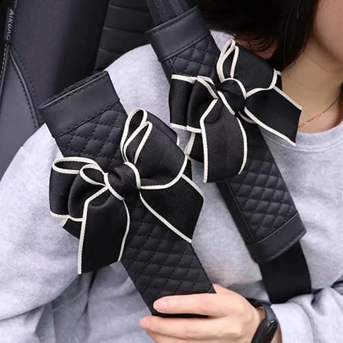 Zigihos Cute Bow Leather Car Seat Belt Cover Pads,2 Pcs & 4 Pcs Seat Belt Cover for Shoulder, Seatbelt Cushion, Car Seat Strap Pads, Seatbelt Covers for Women (Black,2) thumbnail 2