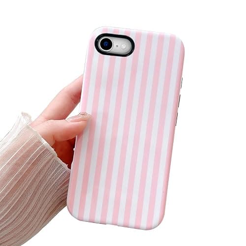 Compatible with iPhone SE /8/7 Cute Phone Case,Striped Aesthetic Pattern Design,Scratch Resistant Hybrid 2-Layer Shockproof Protective Cover for Girls Women-Pink - Image 1